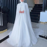Elegant Muslim Wedding Dresses with Cape High Neck Long Sleeves Sweep Train Chiffon Appliques Beading Hijab Bride Bridal Gowns Ivory